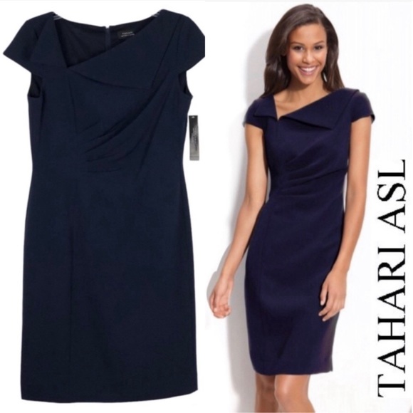 Tahari ASL Navy Asymmetric Collared Sheath Dress 6 - Picture 3 of 16